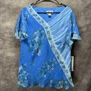 Robbie Bee Blue Floral Mixed Print 100% Silk Top Size 20W Ruffle Cottage Boho